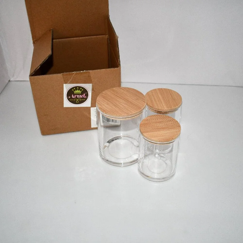 ARAD Clear Acrylic Cotton Ball & Swab Storage Set with Bamboo Lid NWT
